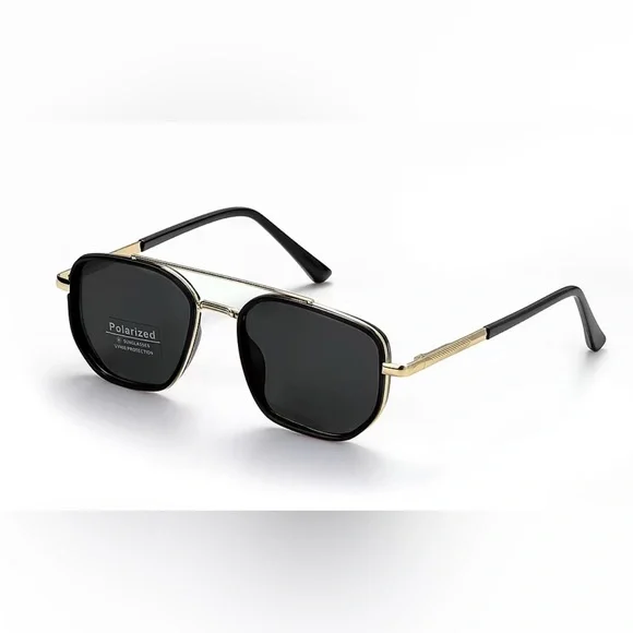 Polarized Black & Gold Square Sunglasses - Picture 1 of 4